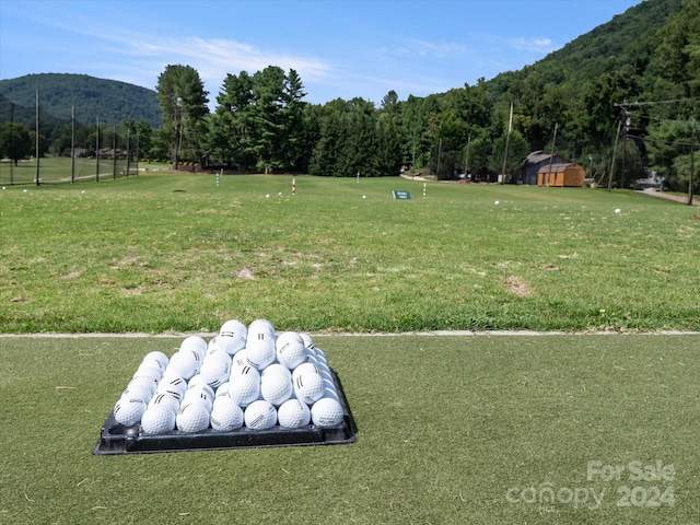 view of yard featuring a mountain view and a storage unit