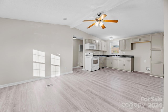 kitchen with sink, white appliances, lofted ceiling with beams, ceiling fan, and light hardwood / wood-style floors