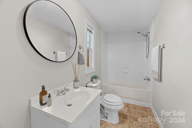 full bathroom with shower / bathtub combination, vanity, toilet, and a textured ceiling