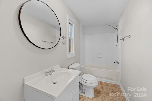 full bathroom with shower / tub combination, vanity, a textured ceiling, and toilet