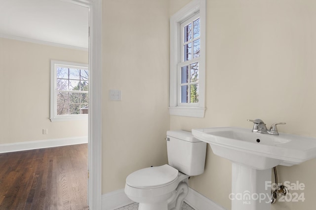 bathroom featuring ornamental molding, wood-type flooring, and toilet