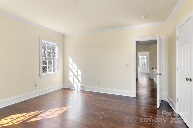 spare room featuring dark wood-type flooring and crown molding