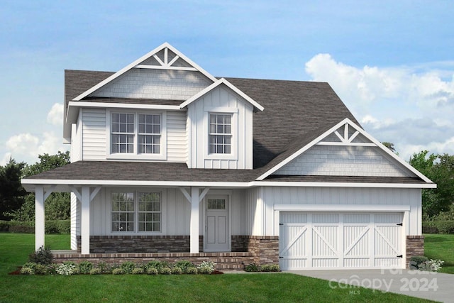 craftsman-style home with covered porch, a front lawn, and a garage