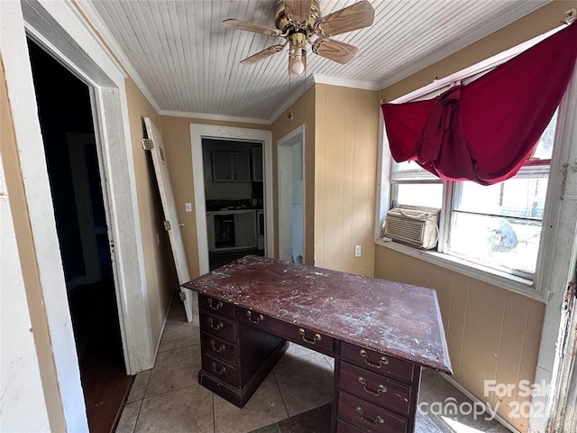 tiled office space with wood ceiling, crown molding, ceiling fan, cooling unit, and wooden walls