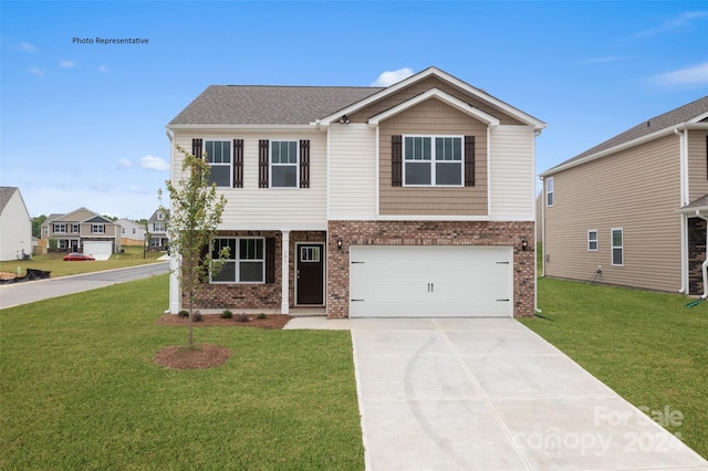 view of front facade featuring a front lawn and a garage