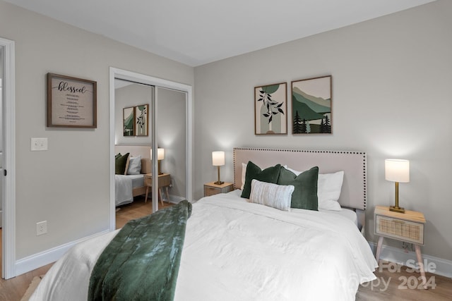 bedroom featuring light hardwood / wood-style floors and a closet