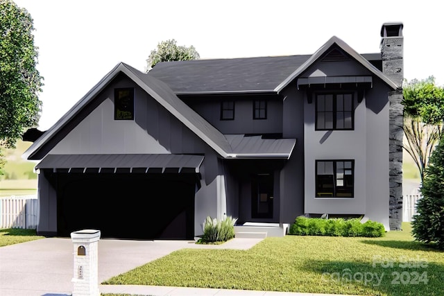 modern farmhouse featuring a garage, a front yard, and a carport