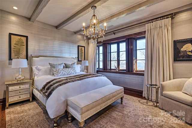 bedroom with beam ceiling, an inviting chandelier, and dark hardwood / wood-style flooring