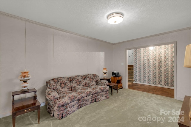 carpeted living room featuring a textured ceiling and crown molding