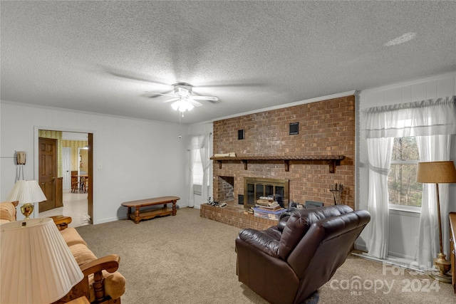 living room with light carpet, a brick fireplace, a textured ceiling, and ceiling fan