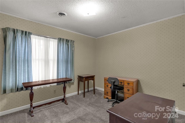 carpeted home office with ornamental molding and a textured ceiling