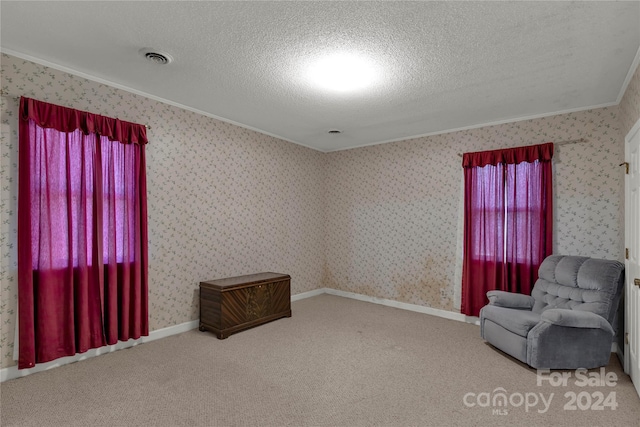 living area featuring a textured ceiling, light colored carpet, and crown molding