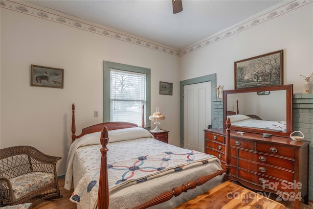 bedroom with ceiling fan, a closet, and wood-type flooring