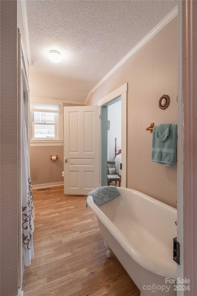 bathroom featuring a textured ceiling, hardwood / wood-style flooring, and crown molding