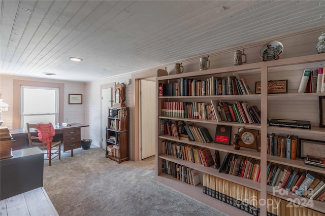 living area featuring light carpet and wood ceiling