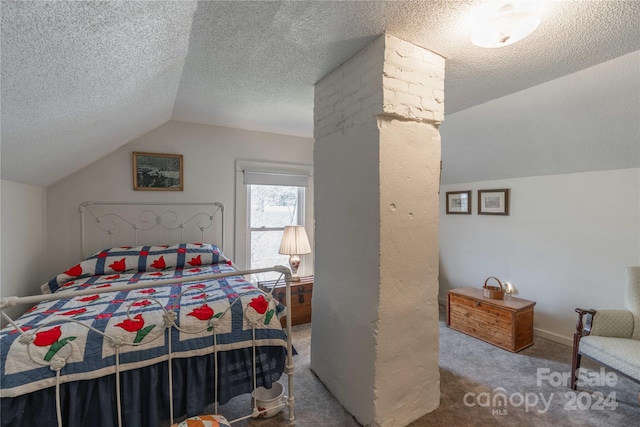 bedroom featuring lofted ceiling, a textured ceiling, and carpet