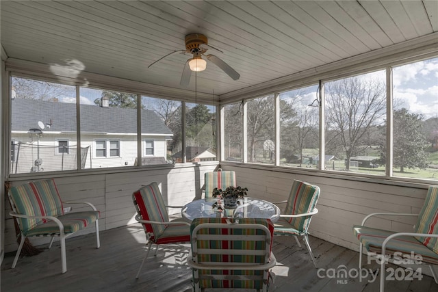 sunroom with plenty of natural light, wooden ceiling, and ceiling fan