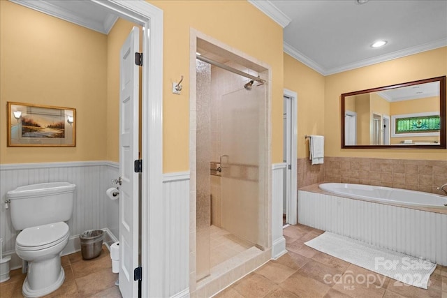 bathroom with tile floors, independent shower and bath, and toilet