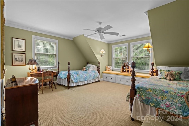 bedroom featuring ornamental molding, ceiling fan, and light colored carpet