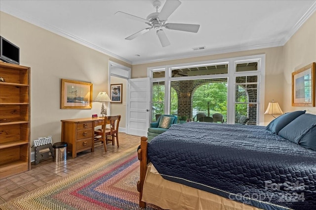 bedroom with ceiling fan and crown molding