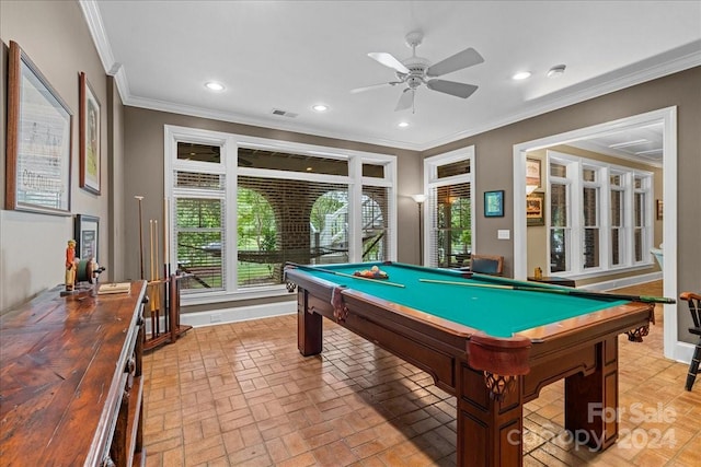 recreation room featuring billiards, crown molding, and ceiling fan