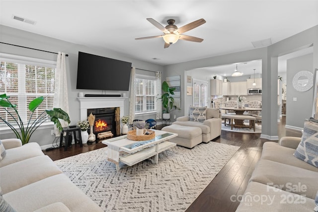 living room featuring ceiling fan, a healthy amount of sunlight, and dark hardwood / wood-style flooring