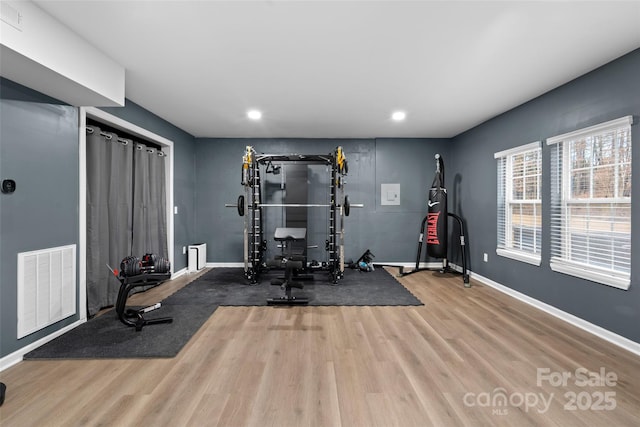 workout room featuring wood-type flooring