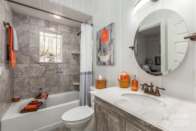 full bathroom with toilet, vanity, and shower / bathtub combination with curtain