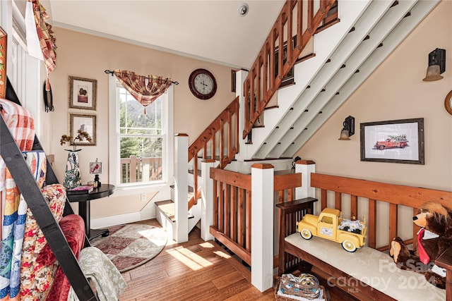 stairs with hardwood / wood-style flooring