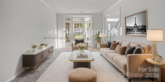 carpeted living room with ornamental molding