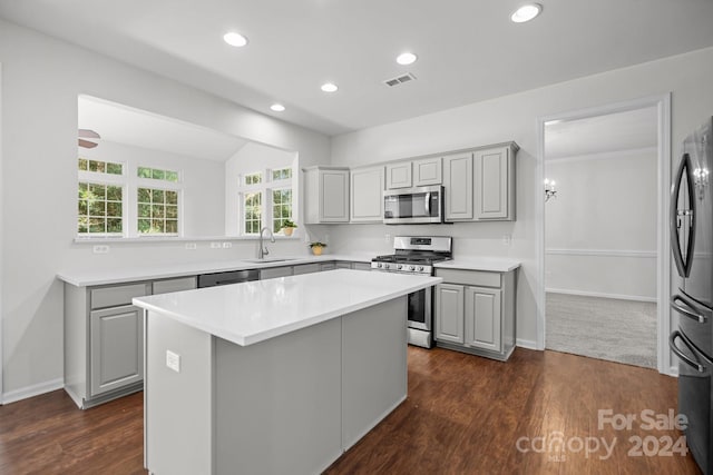 kitchen featuring gray cabinets, stainless steel appliances, and a center island