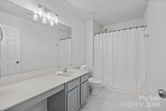 bathroom featuring vanity, toilet, and a shower with shower curtain