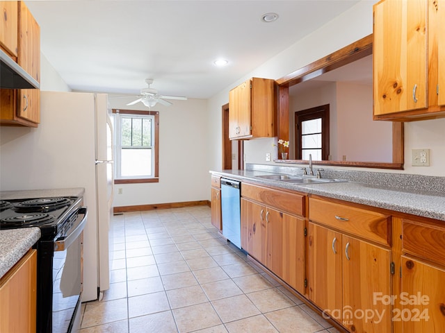 kitchen with dishwasher, light tile flooring, ceiling fan, gas stove, and sink