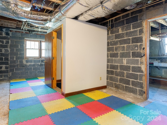 basement with brick wall