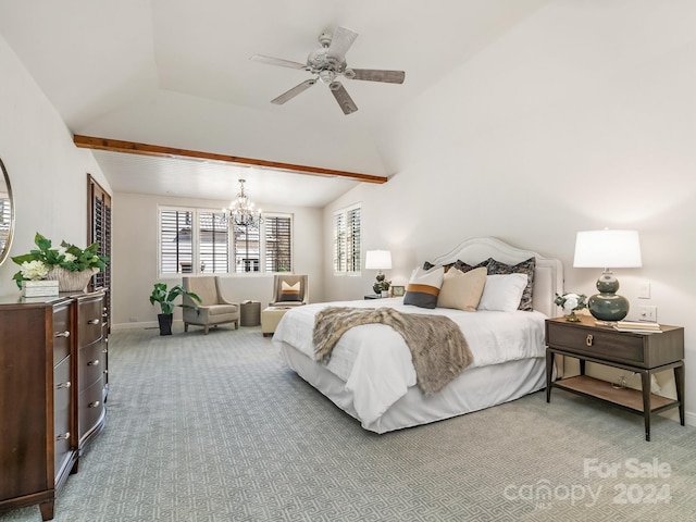 bedroom featuring lofted ceiling with beams, ceiling fan with notable chandelier, and carpet flooring