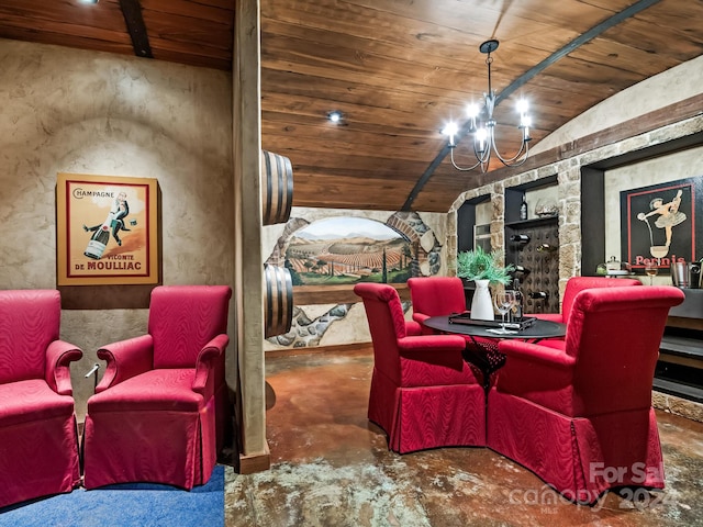 dining room with an inviting chandelier, lofted ceiling, and wood ceiling