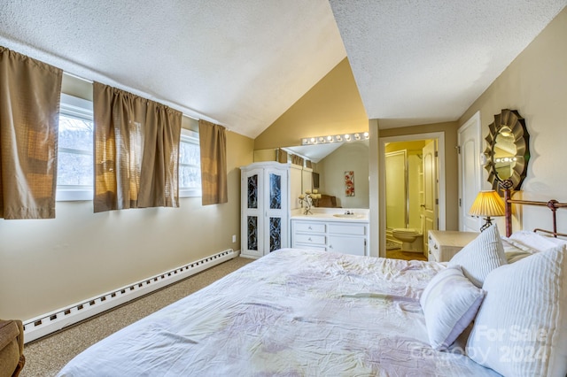 bedroom with lofted ceiling, light colored carpet, sink, and baseboard heating