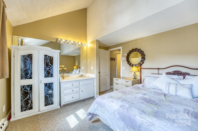 bedroom with light carpet, a textured ceiling, vaulted ceiling, and a baseboard radiator