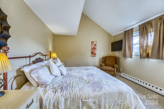 carpeted bedroom featuring vaulted ceiling and a baseboard radiator