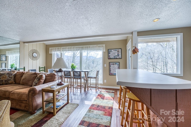 living room with a textured ceiling, a wealth of natural light, and light wood-type flooring