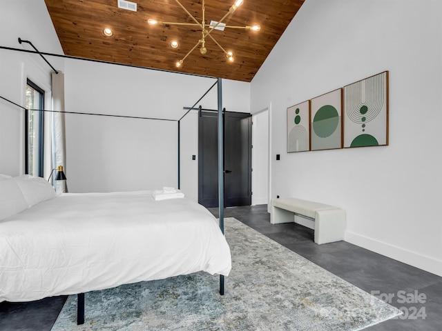 bedroom with high vaulted ceiling and wood ceiling