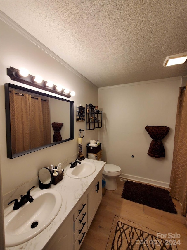 bathroom featuring wood-type flooring, a textured ceiling, dual sinks, toilet, and vanity with extensive cabinet space