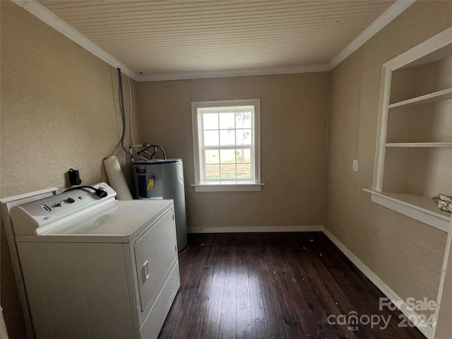 washroom with water heater, dark hardwood / wood-style flooring, ornamental molding, and washer / clothes dryer