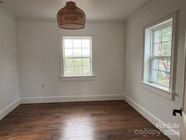 unfurnished room featuring ornamental molding and dark hardwood / wood-style floors