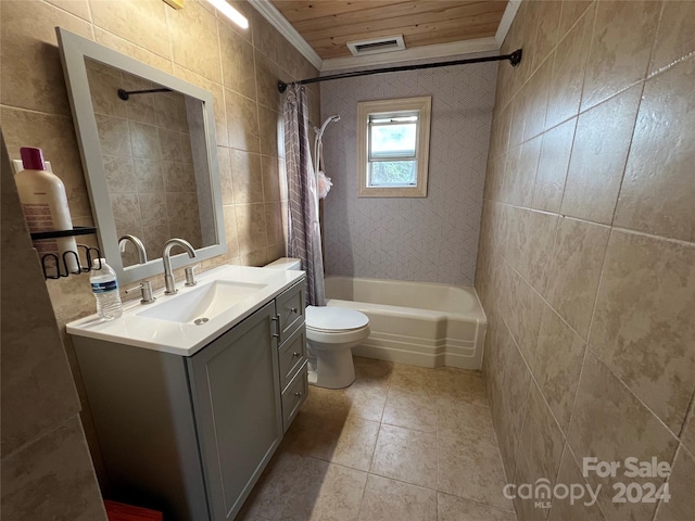 full bathroom featuring wood ceiling, tile walls, vanity, and shower / bath combo with shower curtain