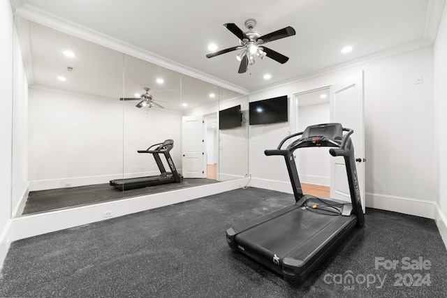 exercise room featuring ceiling fan and ornamental molding