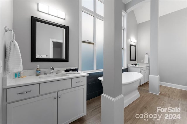 bathroom with a bathing tub, vanity, and wood-type flooring