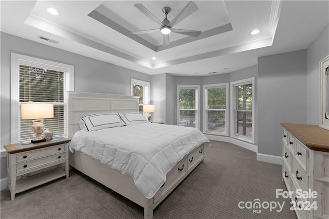 bedroom with a raised ceiling, ceiling fan, and dark colored carpet