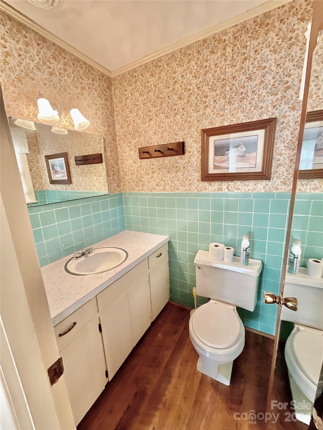 bathroom with tile walls, toilet, vanity, and wood-type flooring