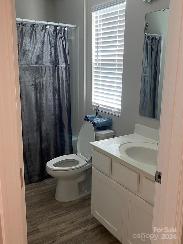 bathroom with hardwood / wood-style floors, vanity, and toilet